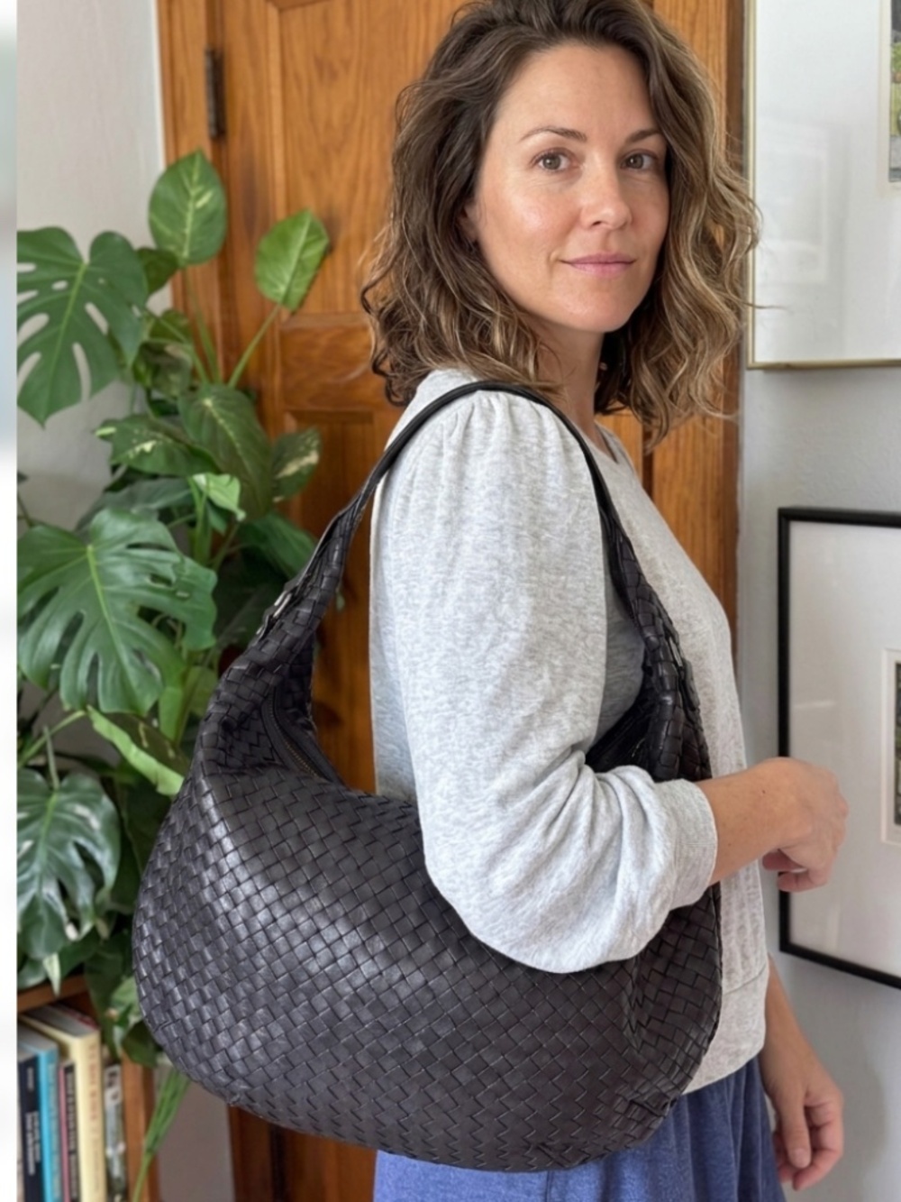 Christopher Kon Black Leather Woven Slouchy Shoulder Hobo Bag Tote Purse Designe